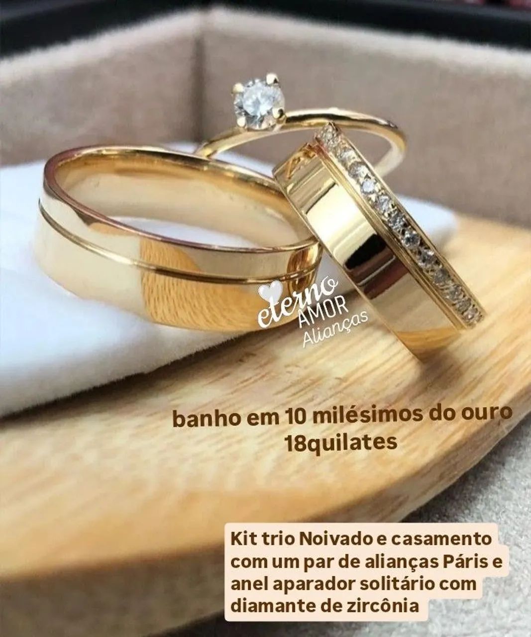 KIT TRIO DE ALIANÇAS NOIVADO E CASAMENTO 
