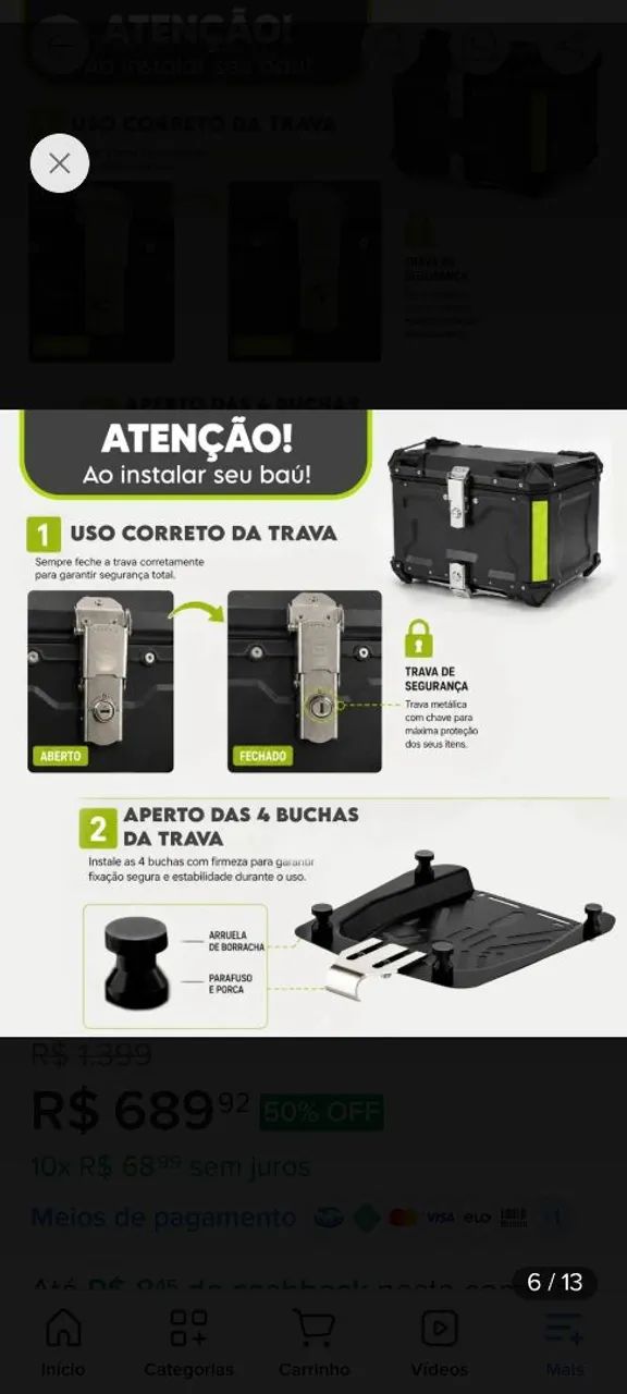Bau trazeiro moto de  aluminio 64l - Foto 4