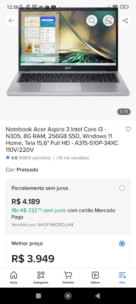 Notebook Acer Aspire 8G RAM Intel Core i3 -N305, 256GB SSD, Windows 11 - Foto 4