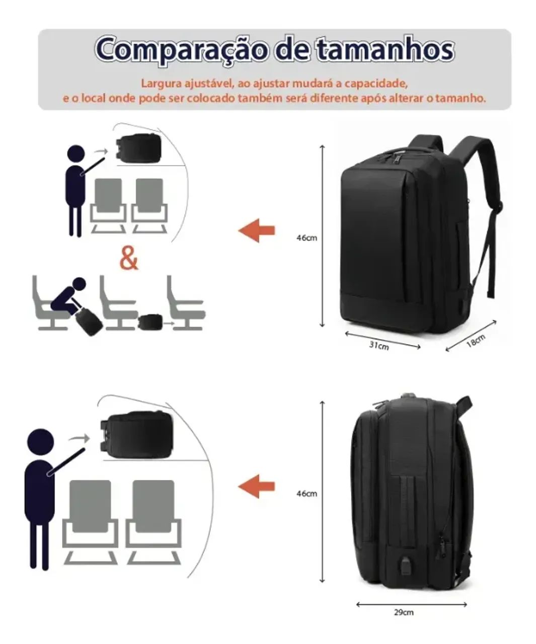 Mochila Preto Liso Com Faixa Impermeável com Expansão  - Foto 3