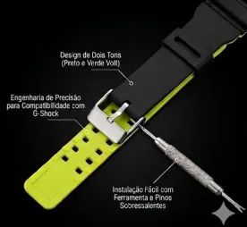 Pulseira Esportiva Premium para G-Shock - Preta e Verde Volt + Kit Instalação - Foto 3