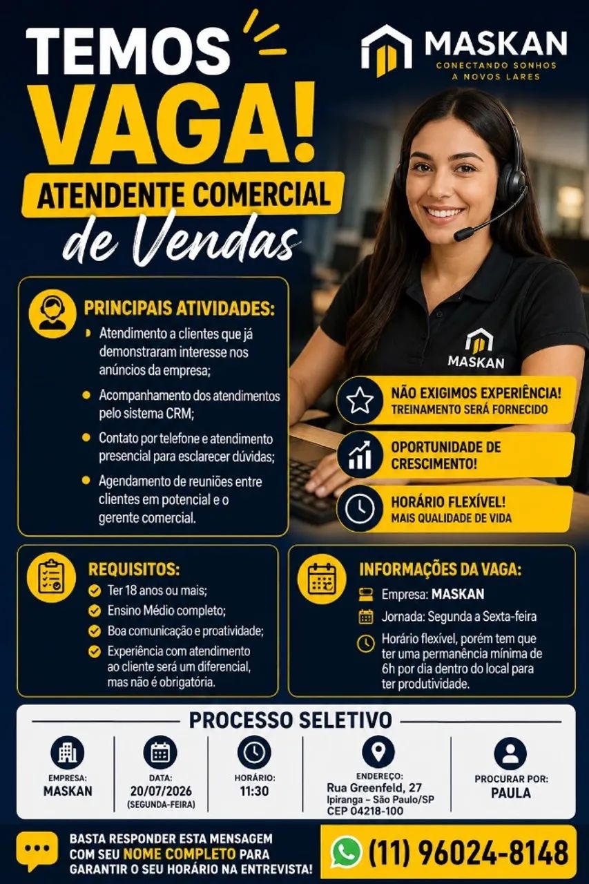  OPORTUNIDADE DE EMPREGO - INÍCIO IMEDIATO 