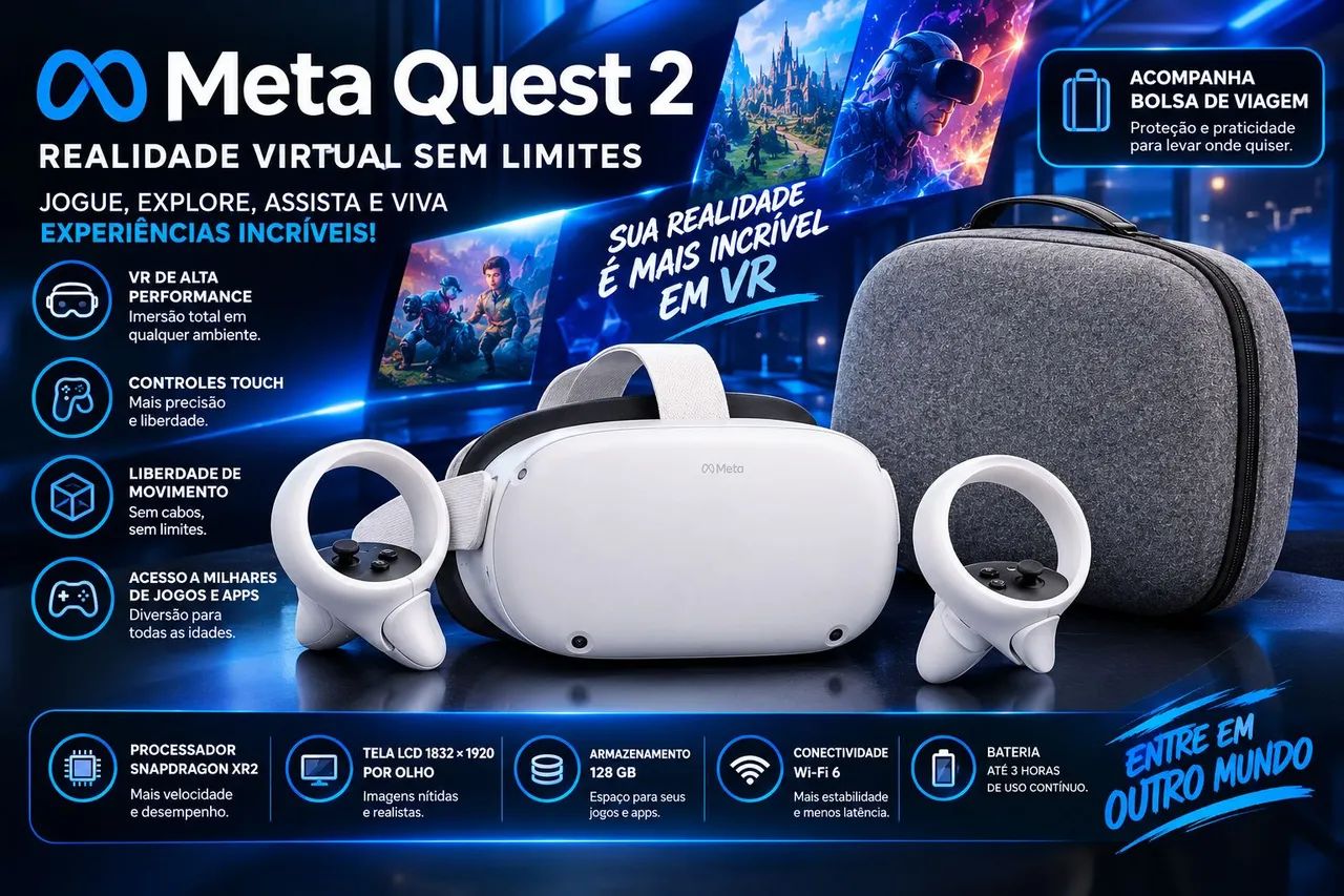 Óculos de Realidade Virtual - Meta Quest 2 com caixa + Acessórios