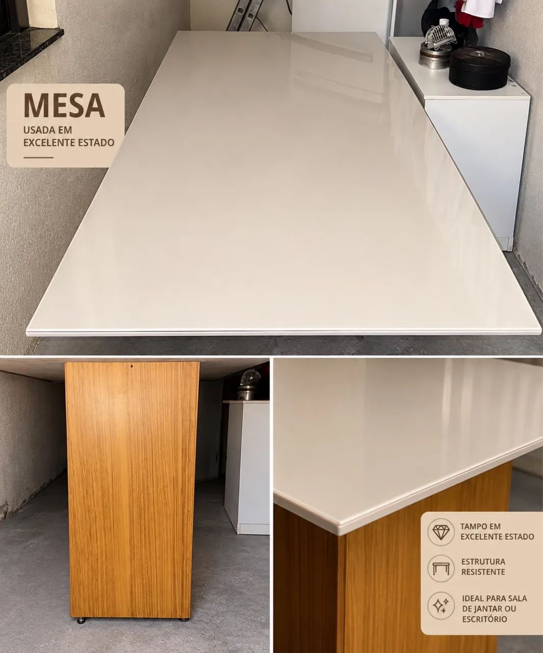 Mesa MDF com tampo bege de vidro. 