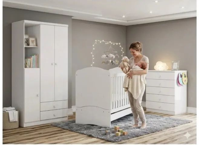 Quarto de bebê, berço, guarda roupa e cômoda na caixa, contato *