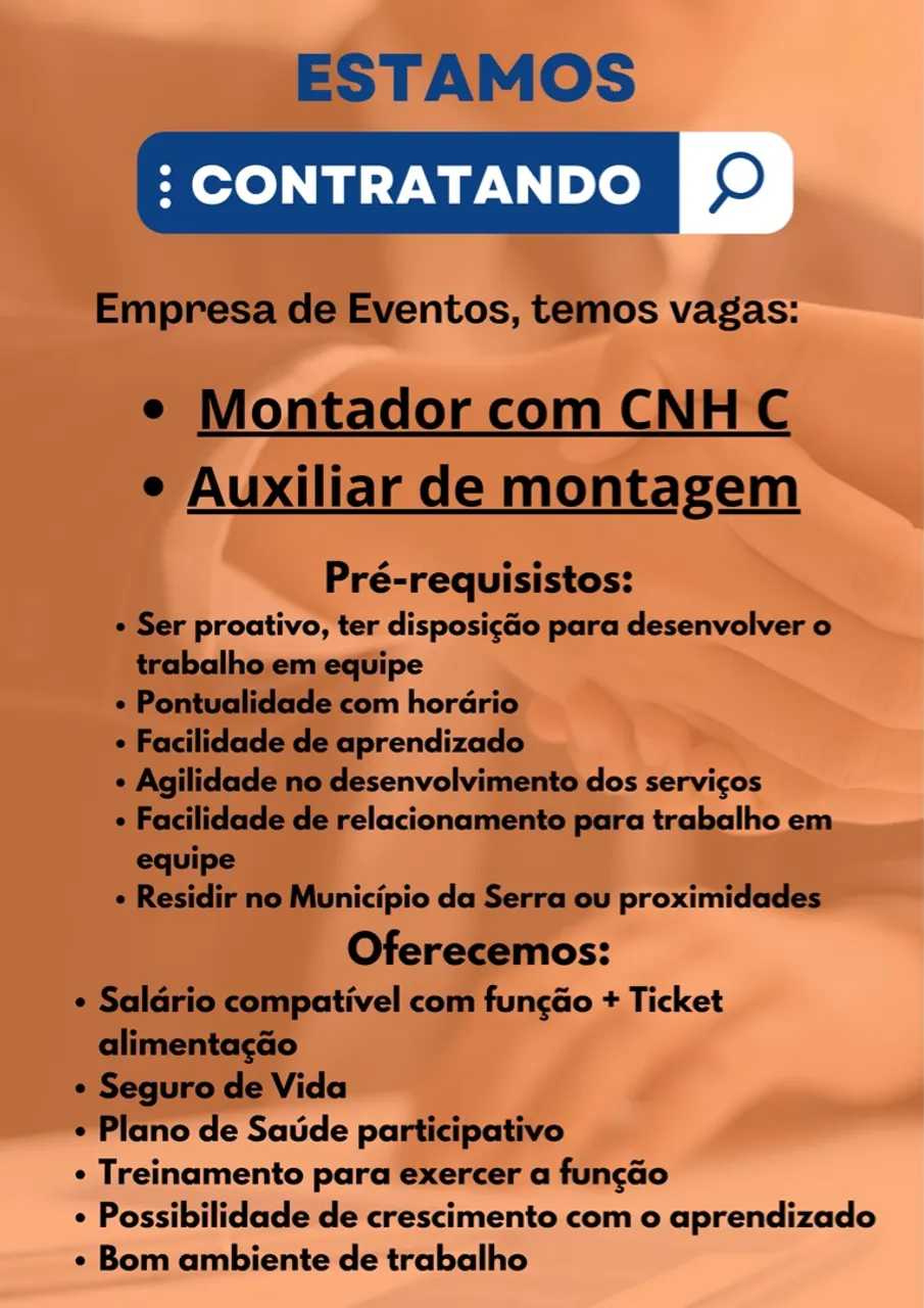 Vaga Auxiliar de montagem ou montador