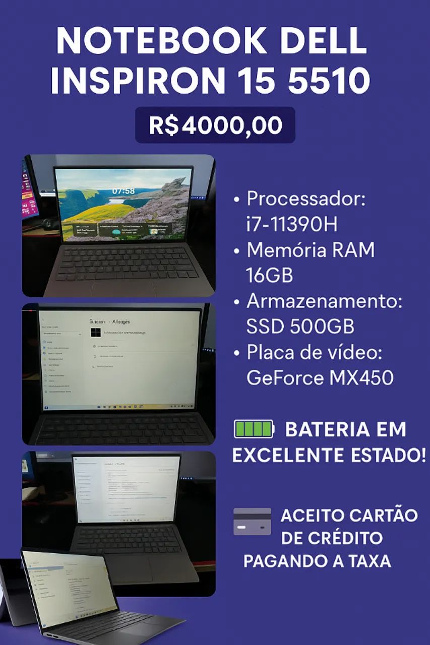 (Torrando) Notebook Dell Inspiron 15 5510 - i7, 16GB RAM, SSD 500GB, placa de vídeo MX45