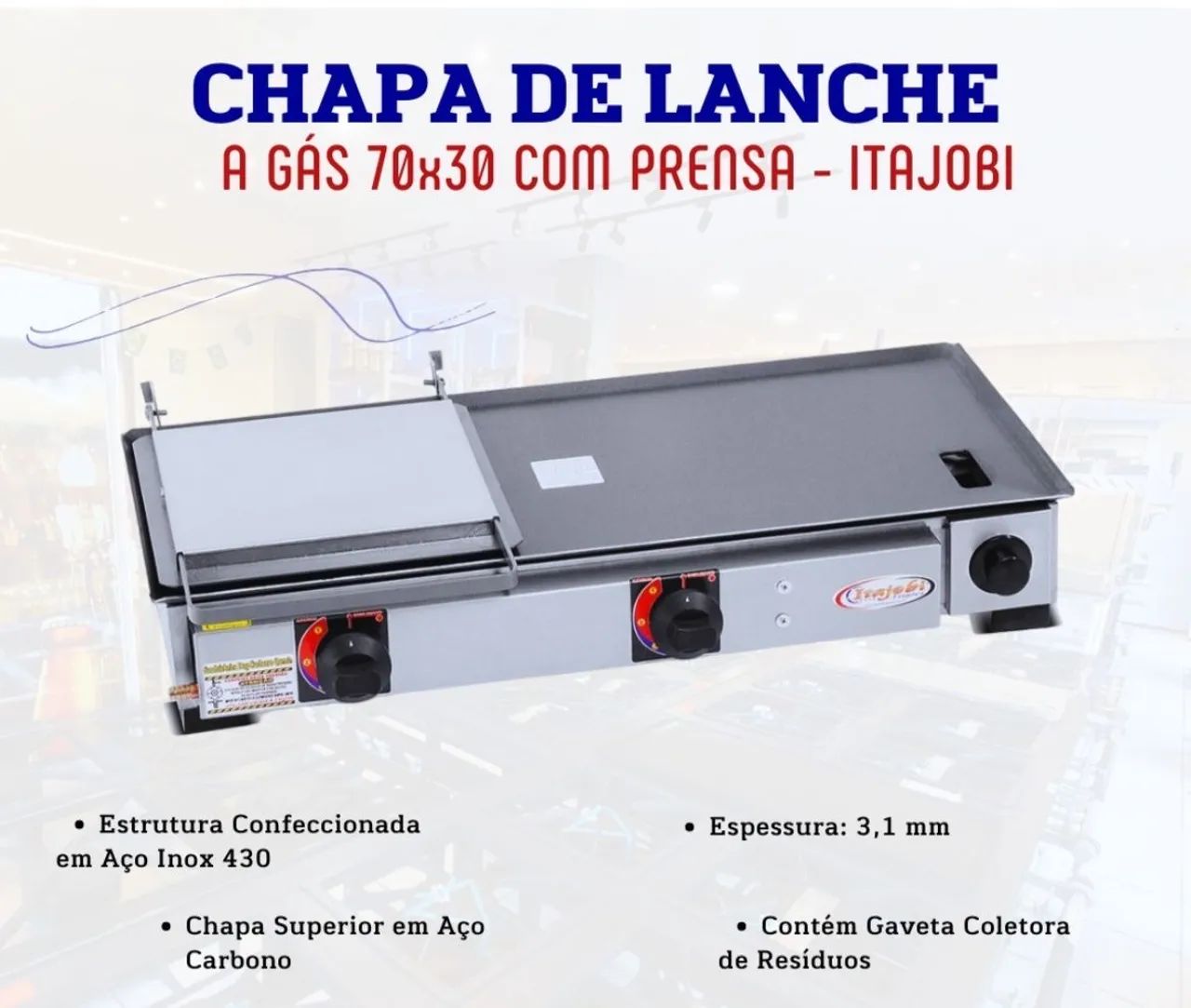 Chapa de Lanche a Gás 70x30 com Prensa - Itajobi