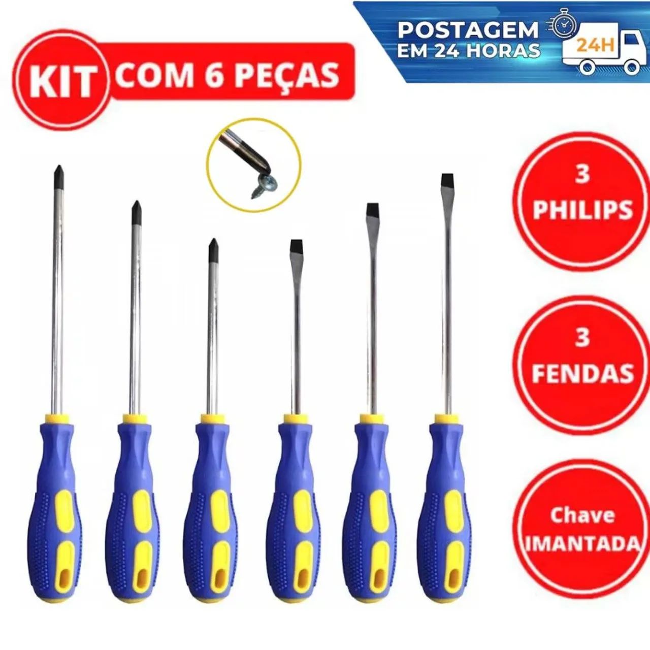 Kit de Chaves de Fenda 6 Peças - Philips, Fendas e Imantada