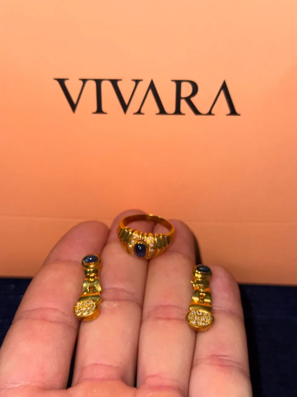 Anel e Brincos De Ouro 18k Com Safira Luxuoso!   - Foto 5