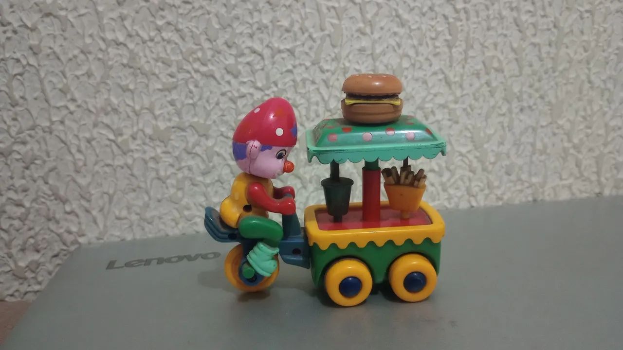 Clown Peddler Cart pull-back colecionável vintage anos 80 funcionando 
