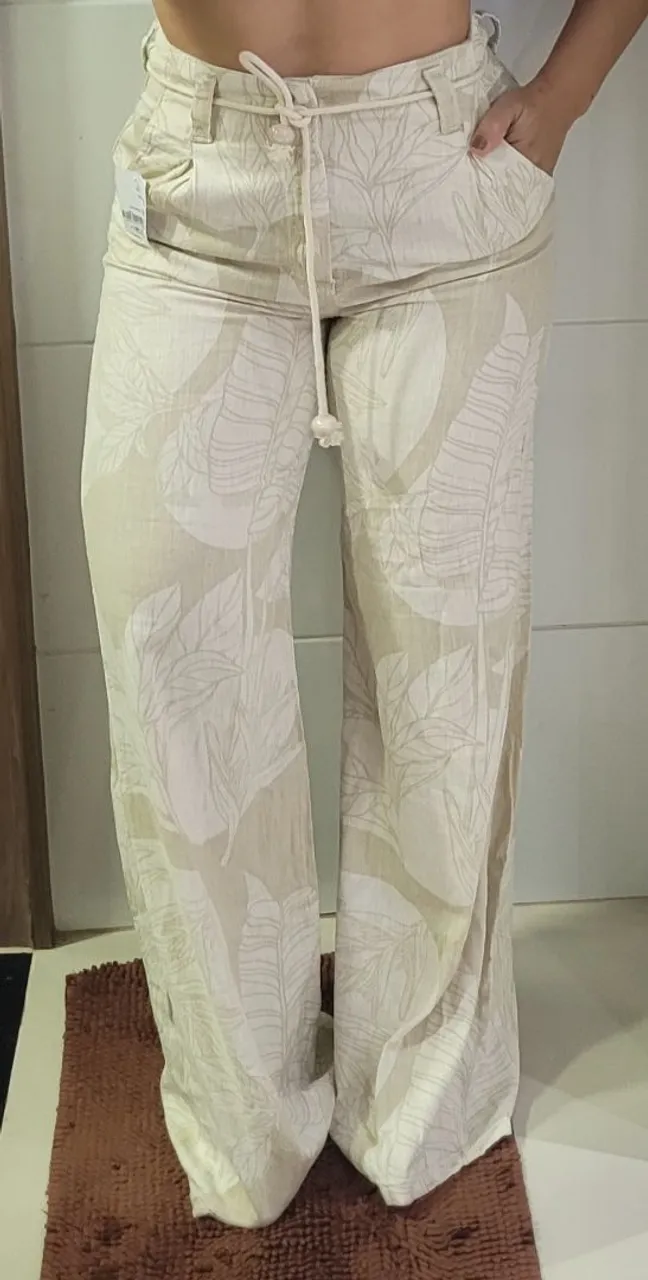 Calça Feminina Estampada Bege em linho NOVA
