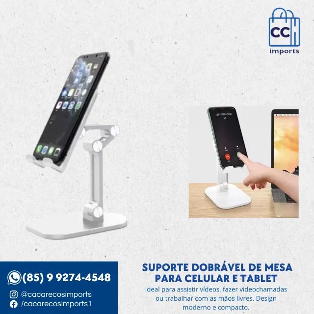 Suporte Dobrável de Mesa - Para Celular e Tablet, ABS Resistente, Cor Branca