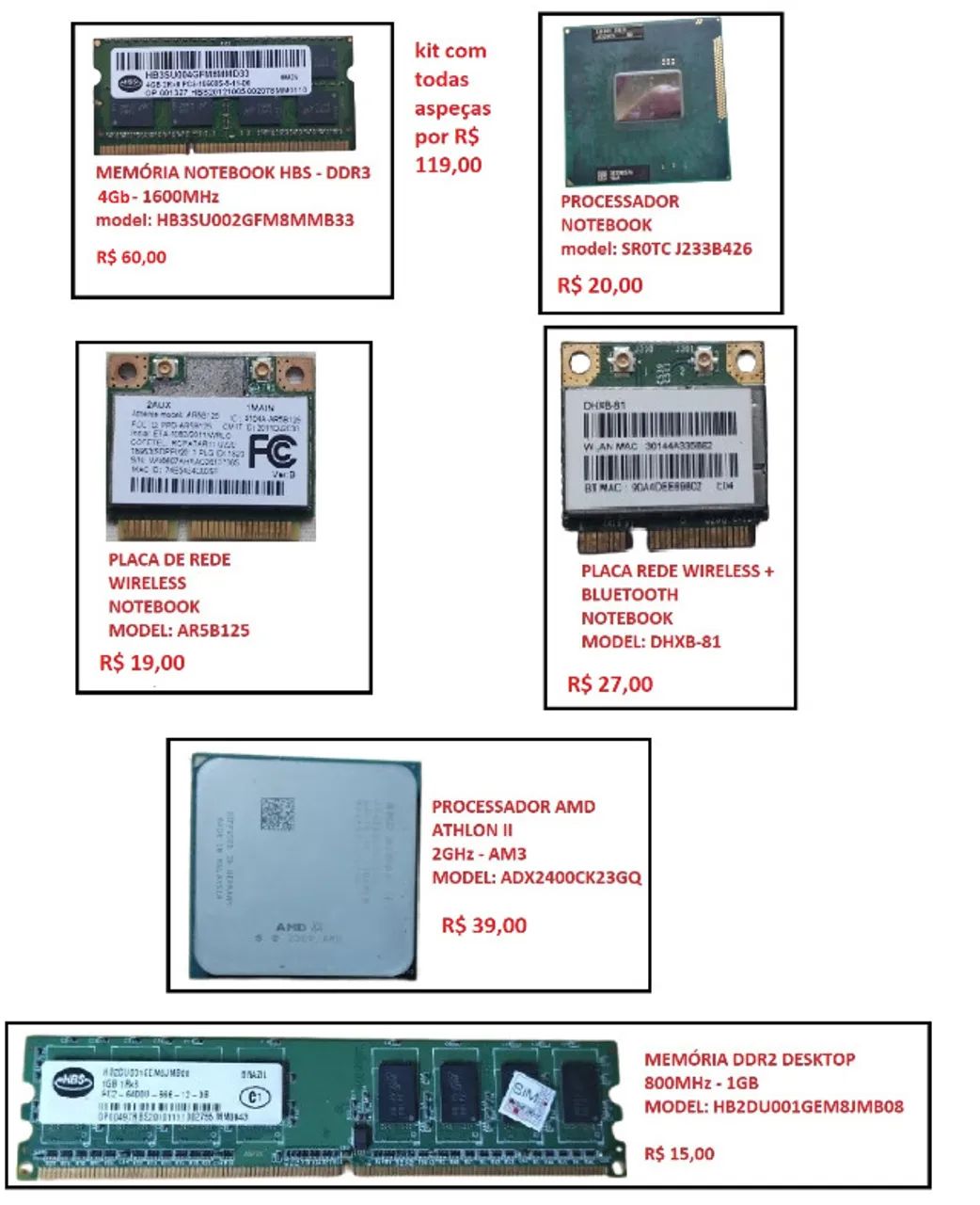 Processador, memória ram, wireless, bluetooth, wifi, notebook, computador, peças