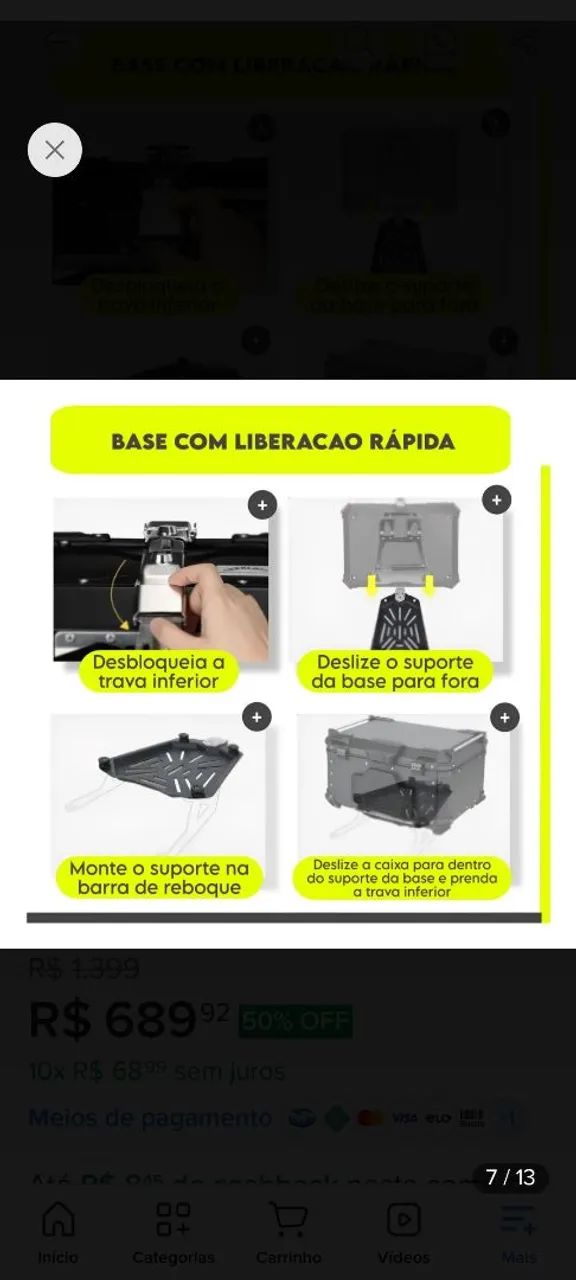 Bau trazeiro moto de  aluminio 64l - Foto 5