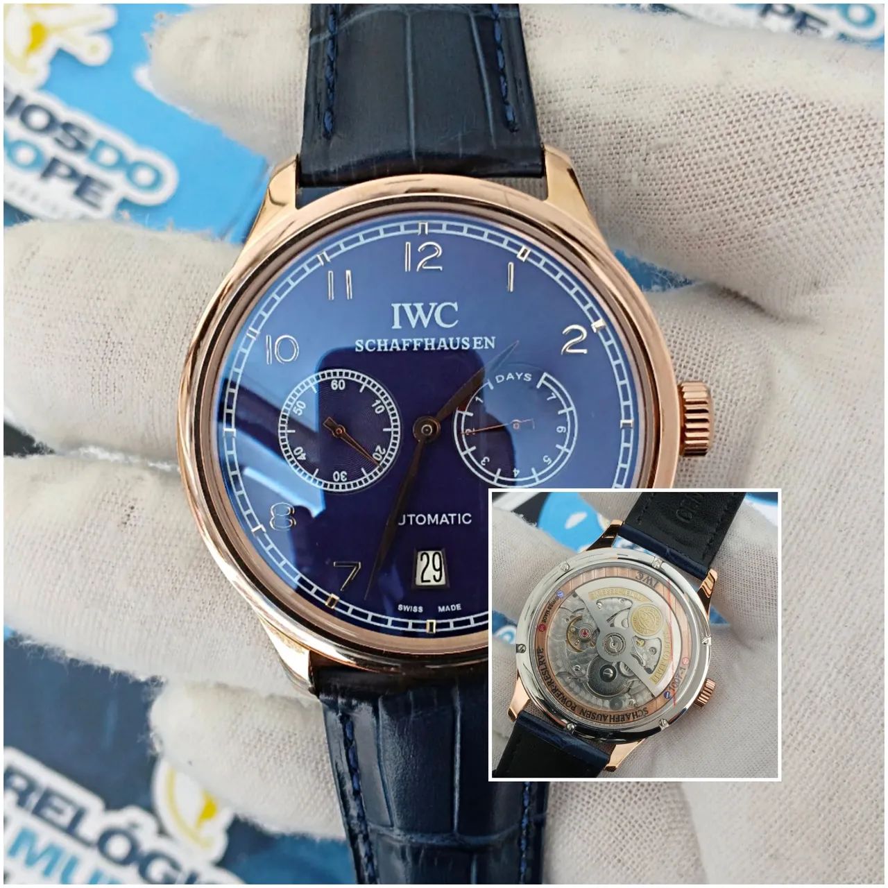 RELÓGIO IWC SCHAFFHAUSEN ROSE E FUNDO AZUL