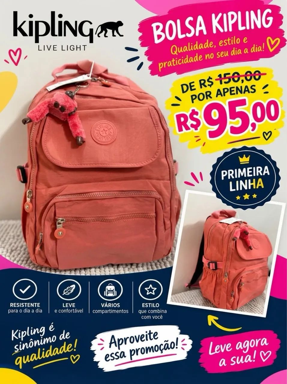 Bolsa Kipling Primeira linha na cor SALMÃO