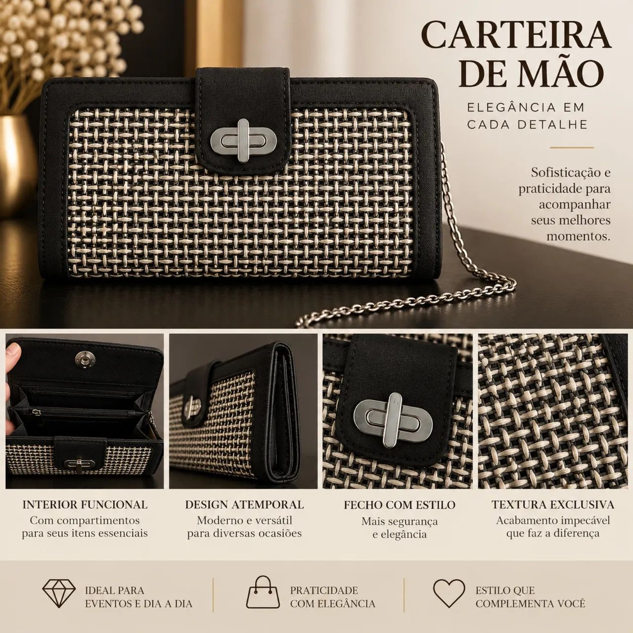 Carteira e bolsa de mão com textura e alça 