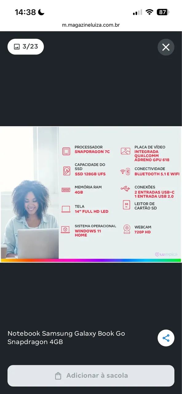 Notebook Samsung Galaxy Book Go Snapdragon 4GB - 128GB - Foto 2