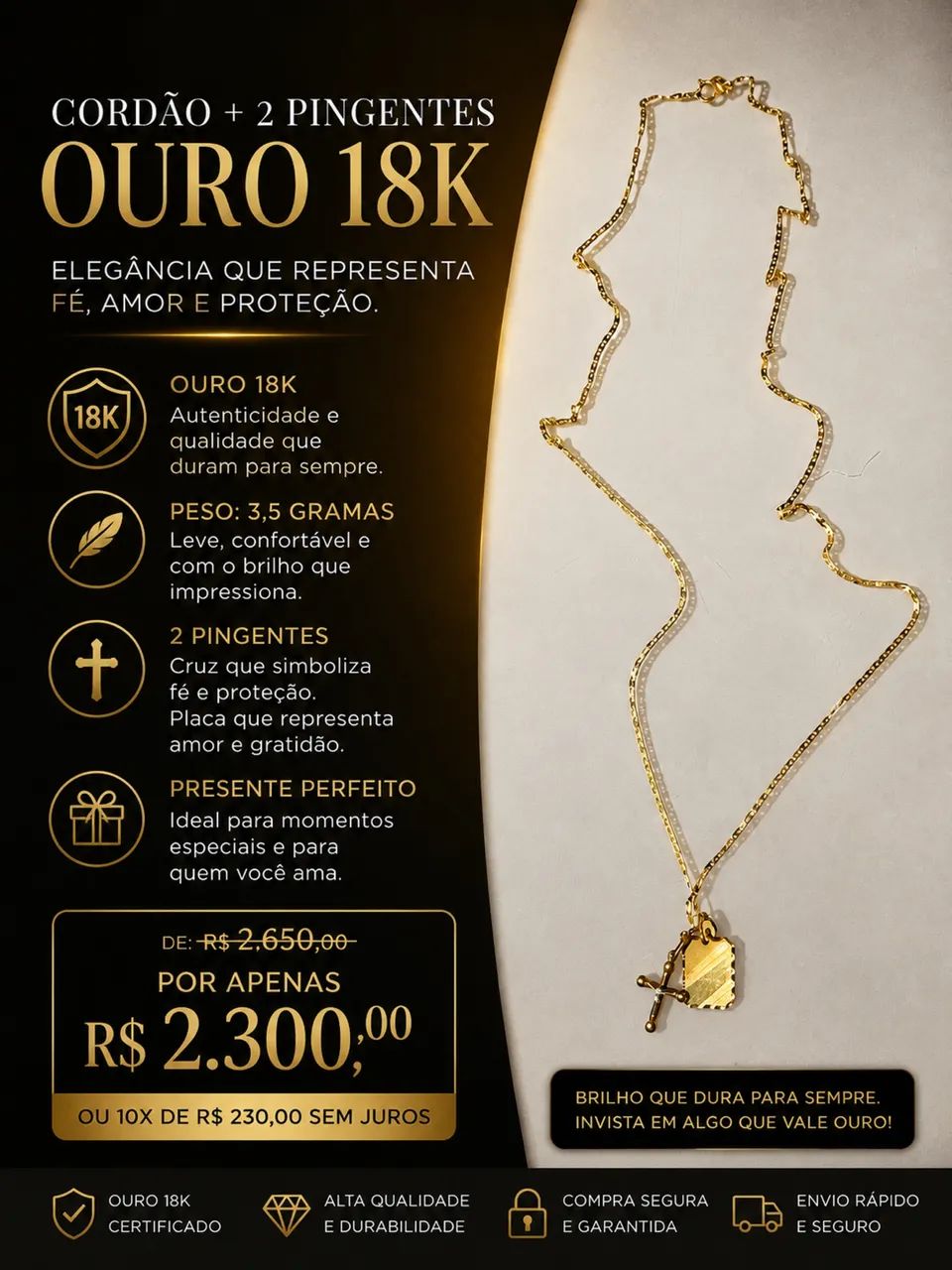 CORDÃO OURO 18k com 2 pingentes 