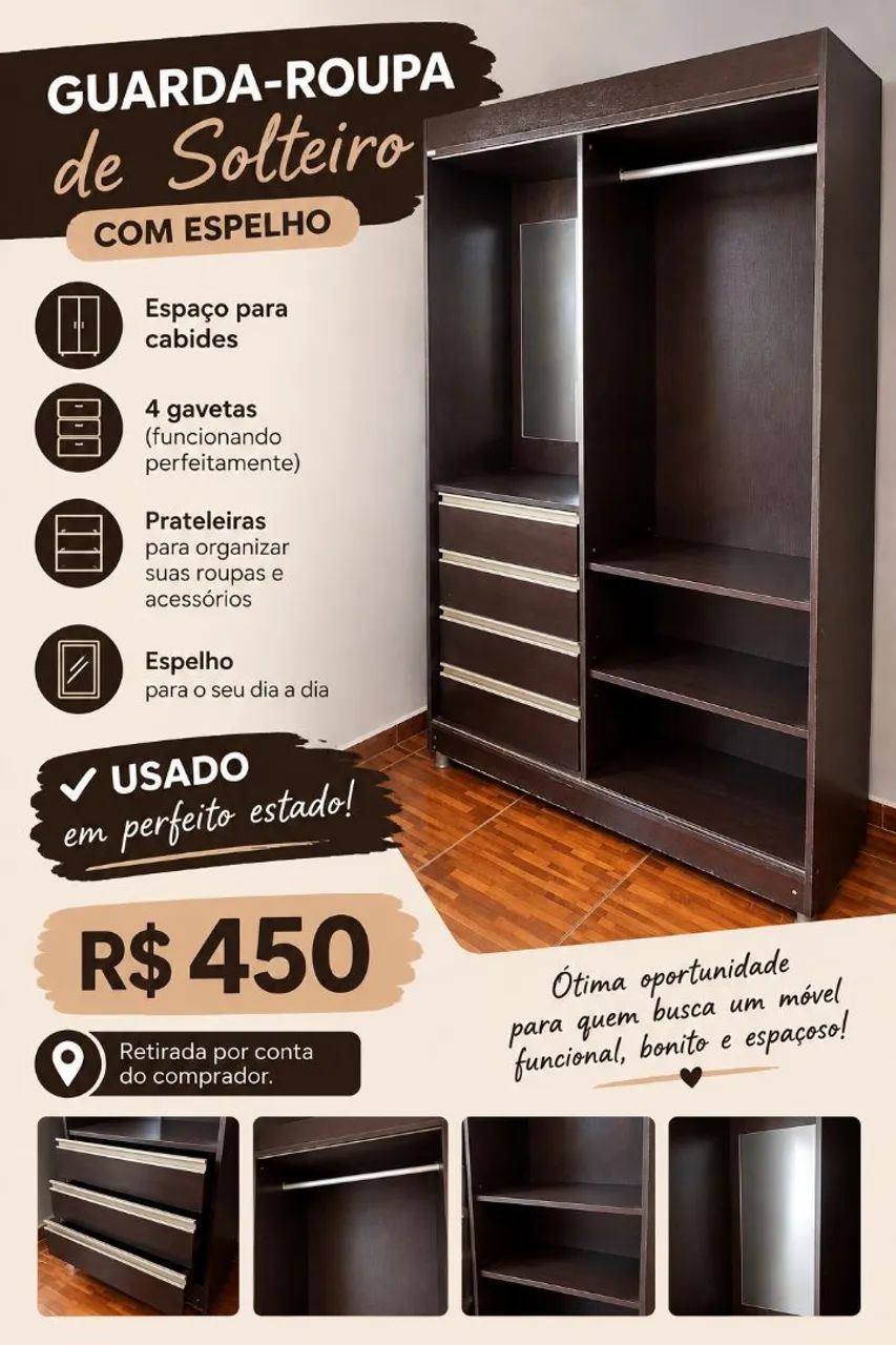 Guarda-Roupa de Solteiro com Espelho