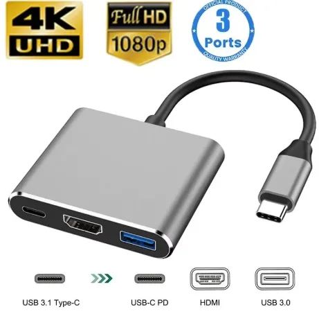 Hub USB-C 3 em 1 - HDMI 4K, USB 3.0 e PD