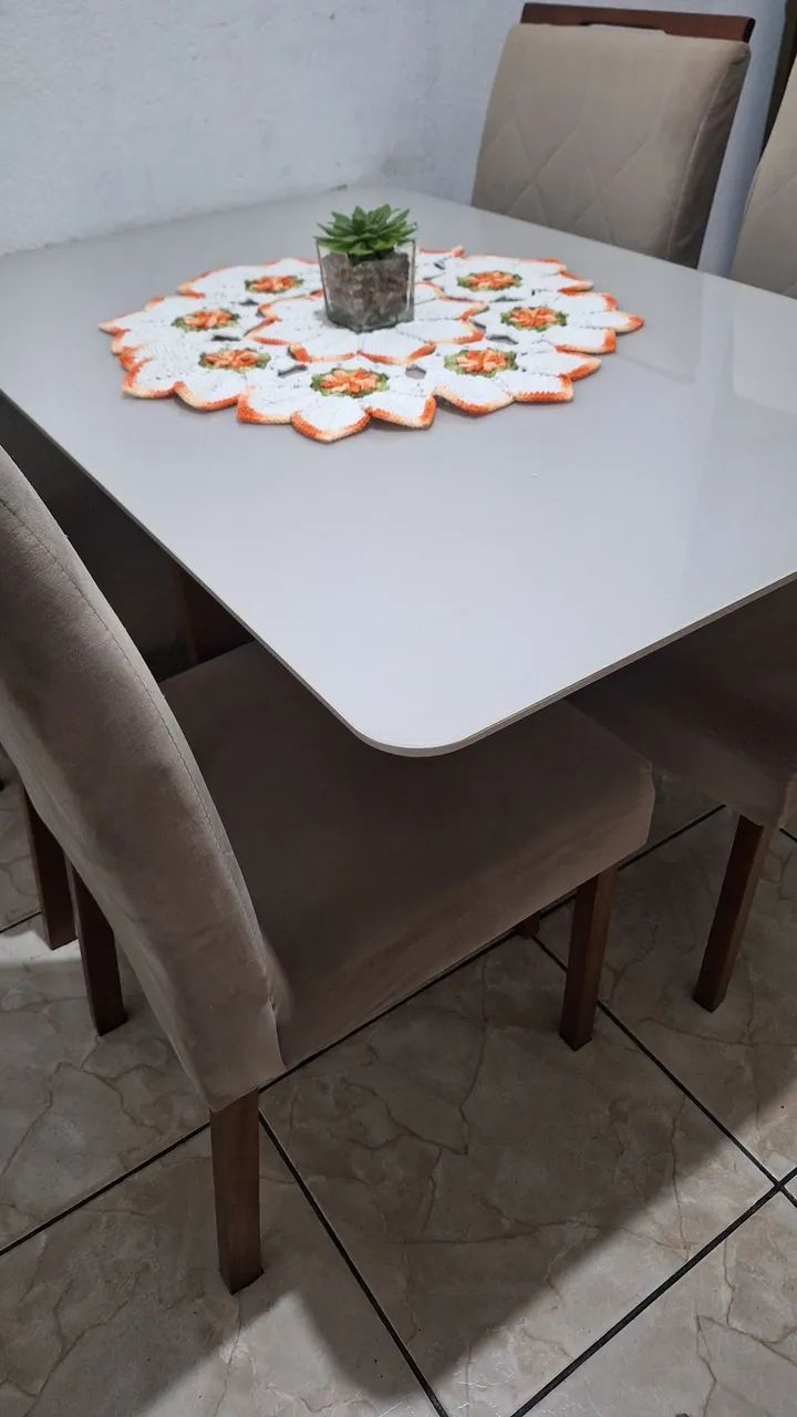Mesa de jantar 4 cadeiras retangular tampo de vidro off-white - Foto 2