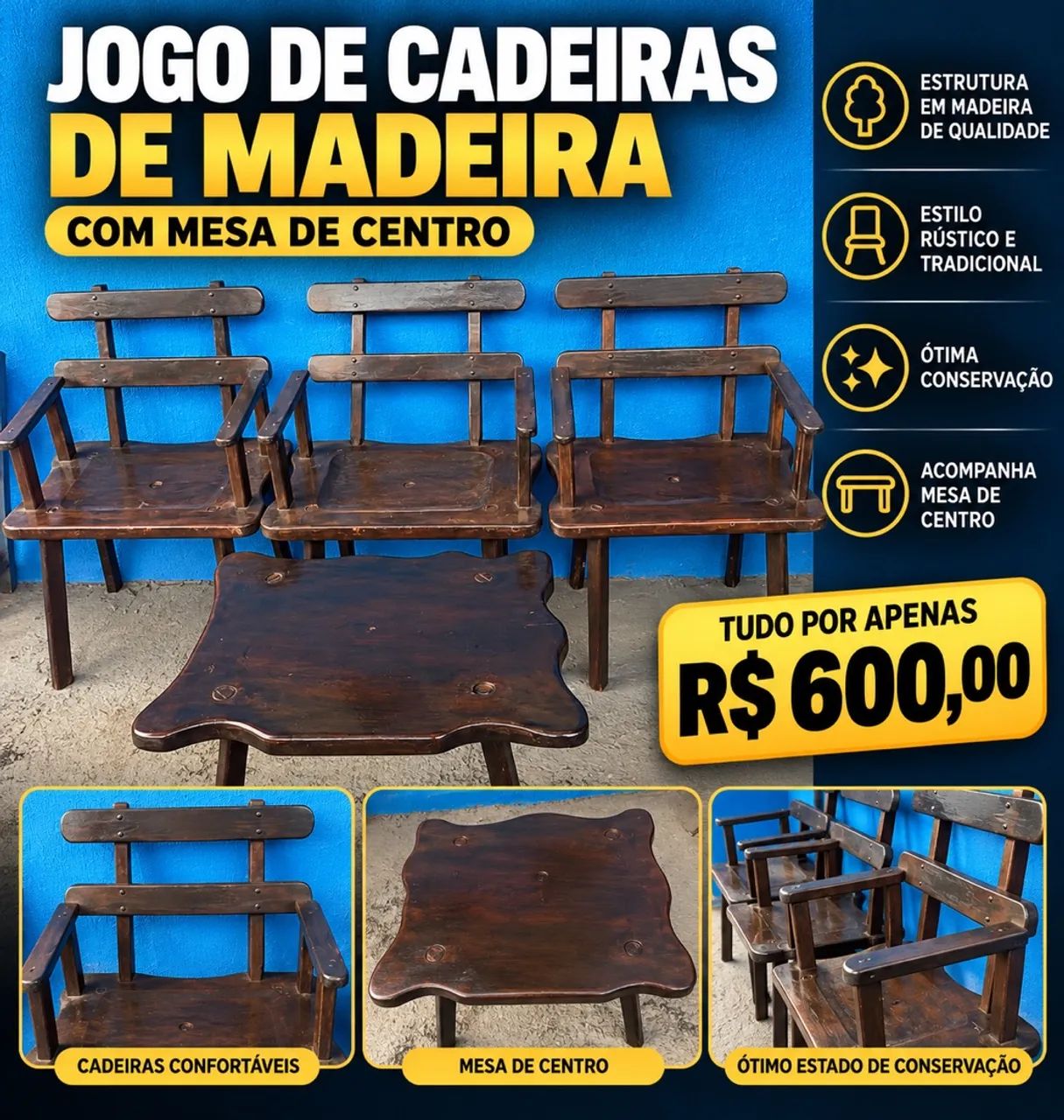 JOGO DE CADEIRAS DE MADEIRA + MESA DE CENTRO - Foto 2