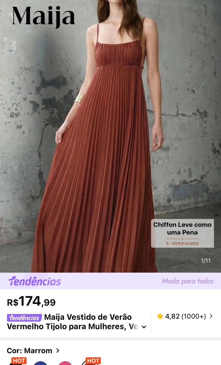 Vestido Plissado Longo Marrom
