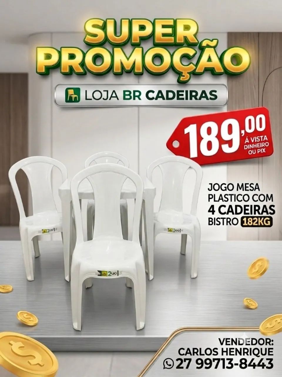 4 CADEIRA PLÁSTICO COM MESA 70X70 - CONJUNTO COMPLETO 