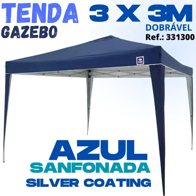 TENDA GAZEBO SANFONADA ARTICULADA DOBRÁVEL 3M x 3M POLIÉSTER AZUL SILVERCOATING FPS UV 60%