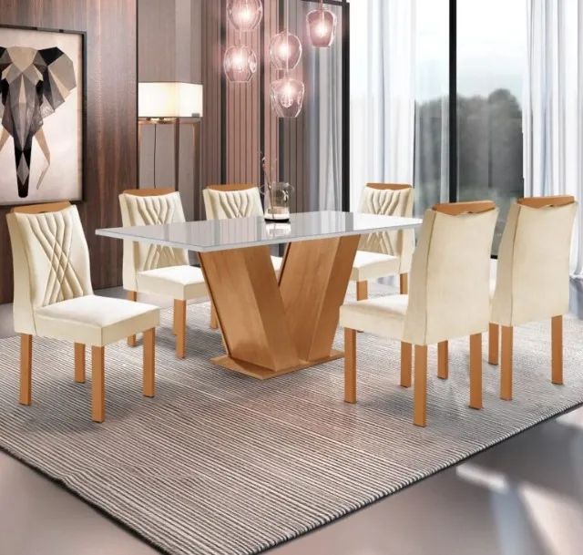 Mesa Classic 160 Cinamomo/Off White 6 Cadeiras Lisboa Bege - CEL MÓVEIS