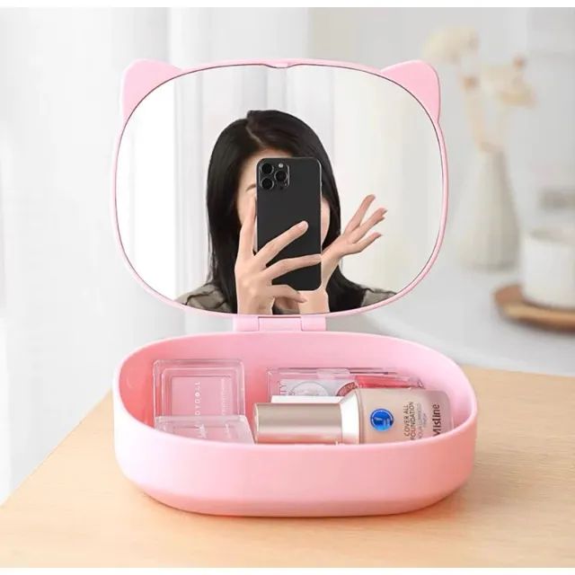 Estojo Maquiagem Organizador Com Espelho Gatinho