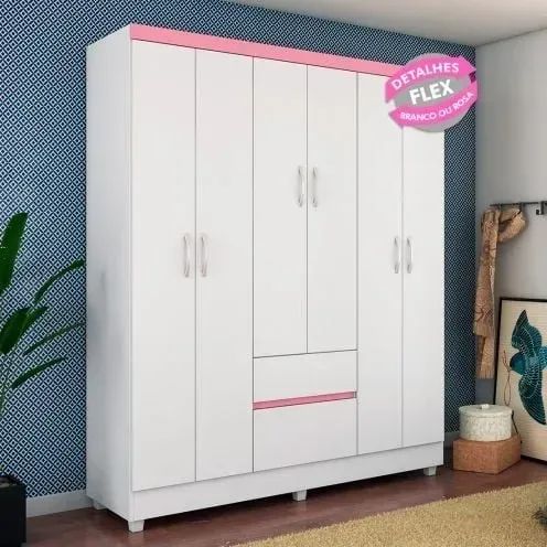 Roupeiro toquio 6 portas 2 gavetas na cor branca rosa flex