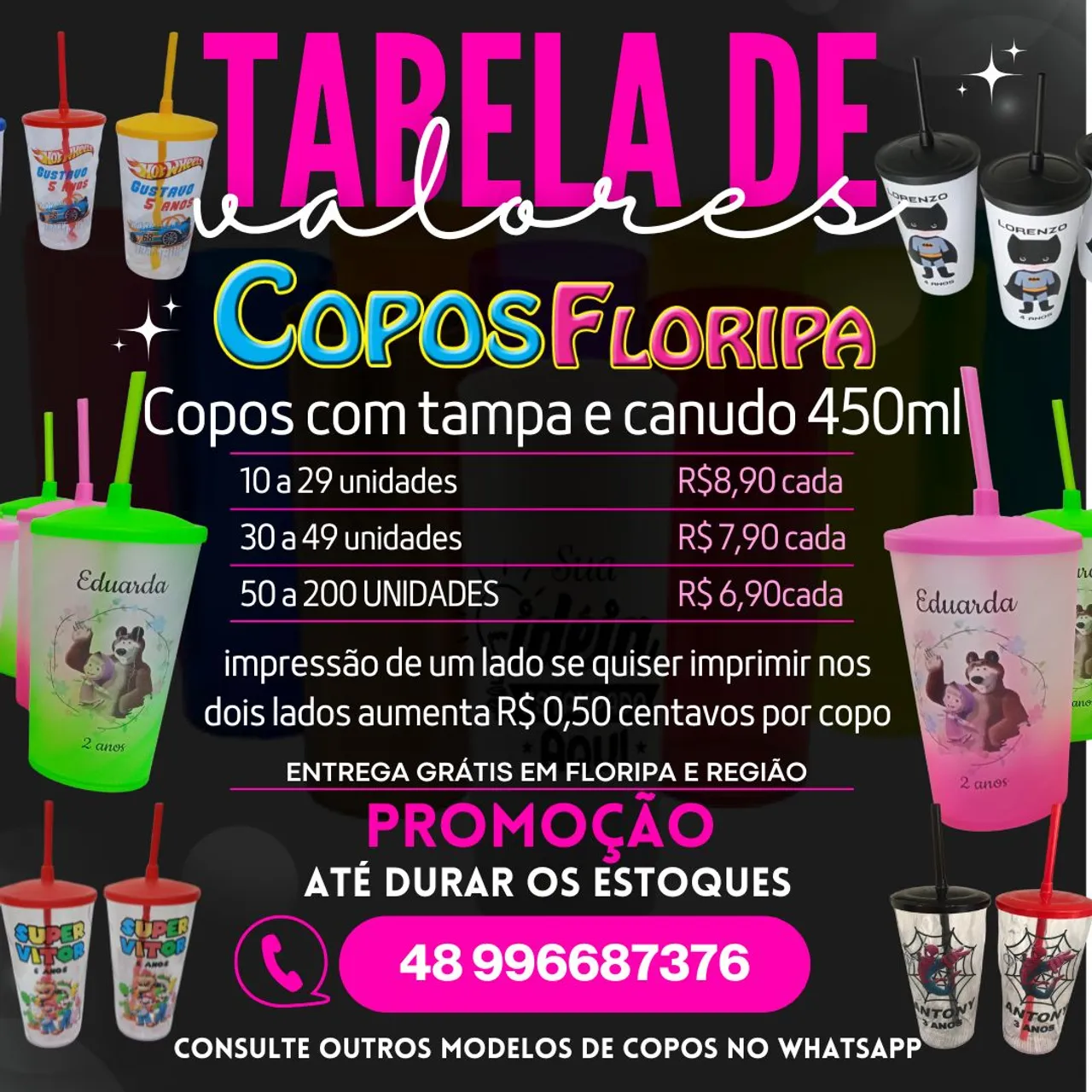Copos Personalizados com Tampa e Canudo 450ml