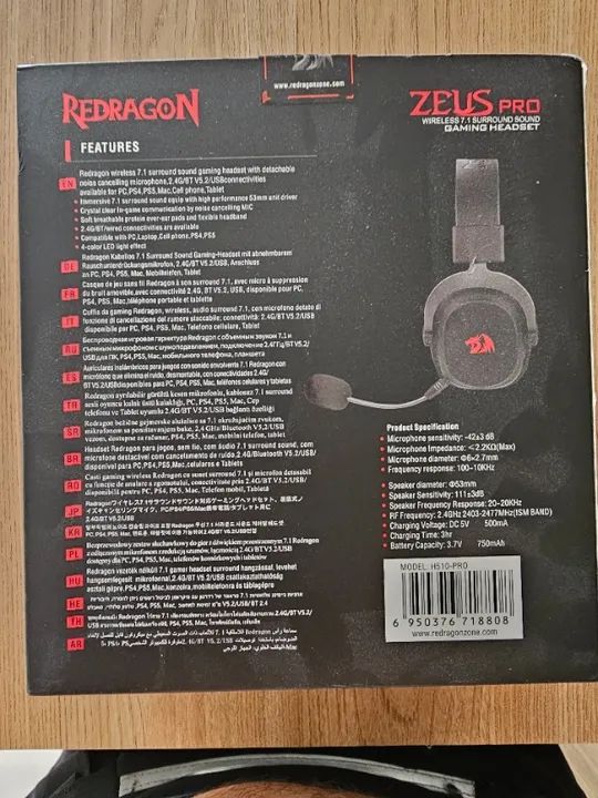 Headset Gamer Redragon Zeus Pro Rgb Wireless 7.1 53mm Preto H510-Pro - Foto 2