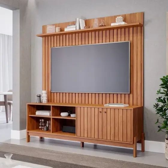 Rack Bancada Holanda 180cm e Painel Trend Ripado p/ tv 70' 100% MDF Ripado