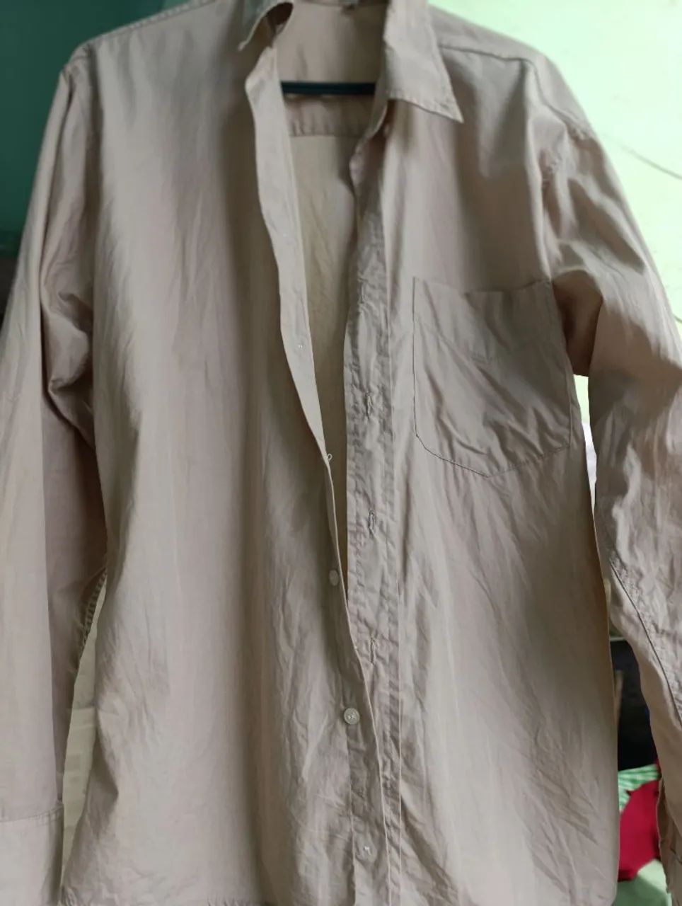 Camisa de botão  Bege da moda Imita Linho - Foto 3