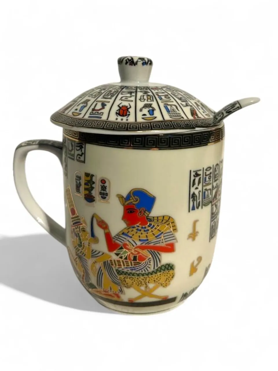 Caneca Egípcia de Porcelana com Tampa e Colher