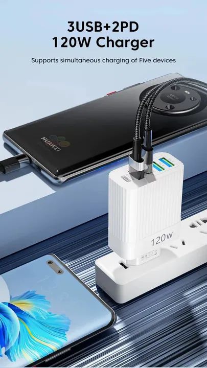 Carregador Rápido 120w 5 Portas (3 USB + 2 PD Tipo C) | NOVO - Foto 2