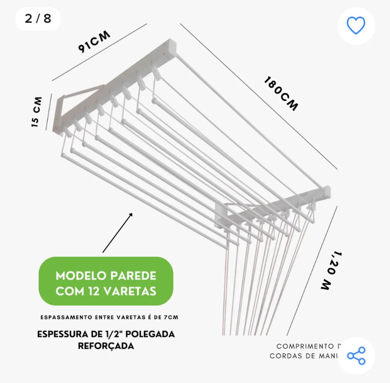Varal de Parede Retrátil 12 Varetas Reforçado