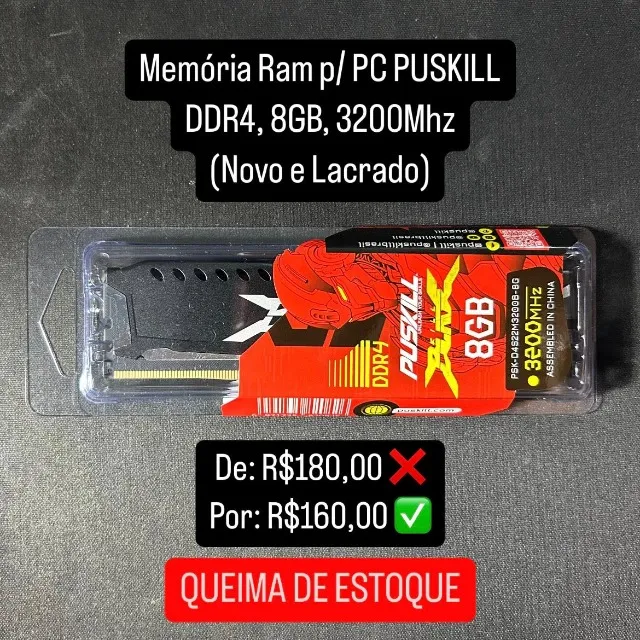 Memória Ram p/ PC PUSKILL, 8GB, DDR4, 3200Mhz (Novo e Lacrado) PROMOÇÃO