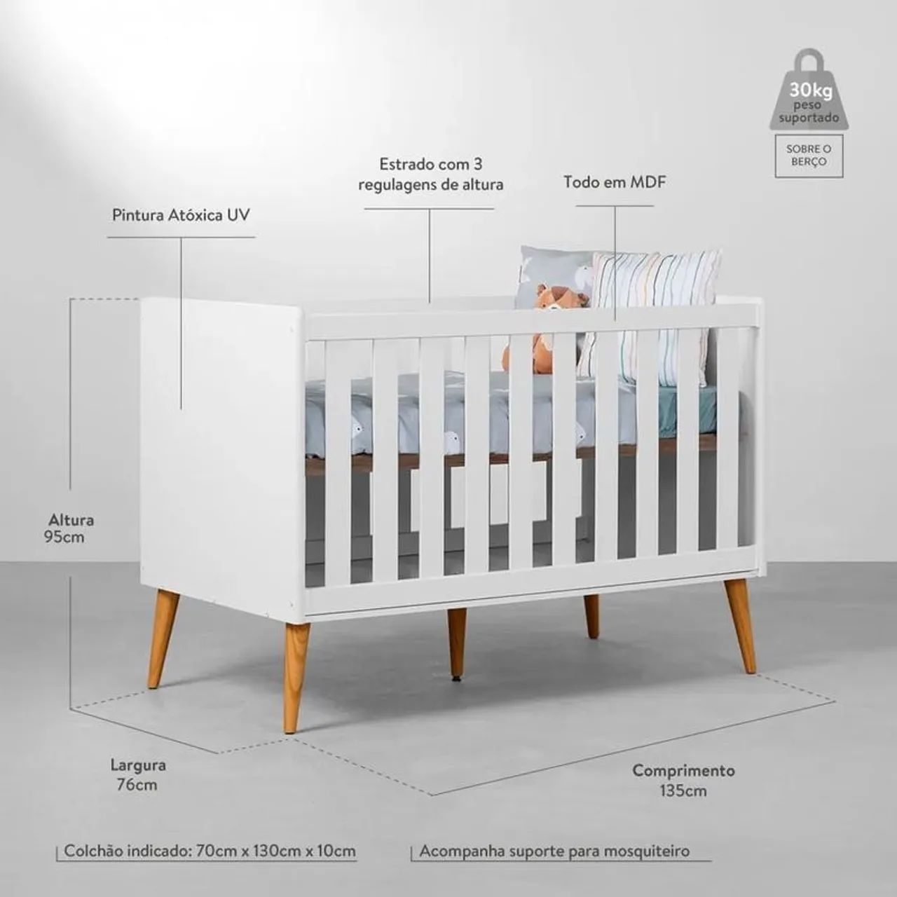 Berço Mini Cama Theo com Pés Retrô Mel - Branco - Foto 2
