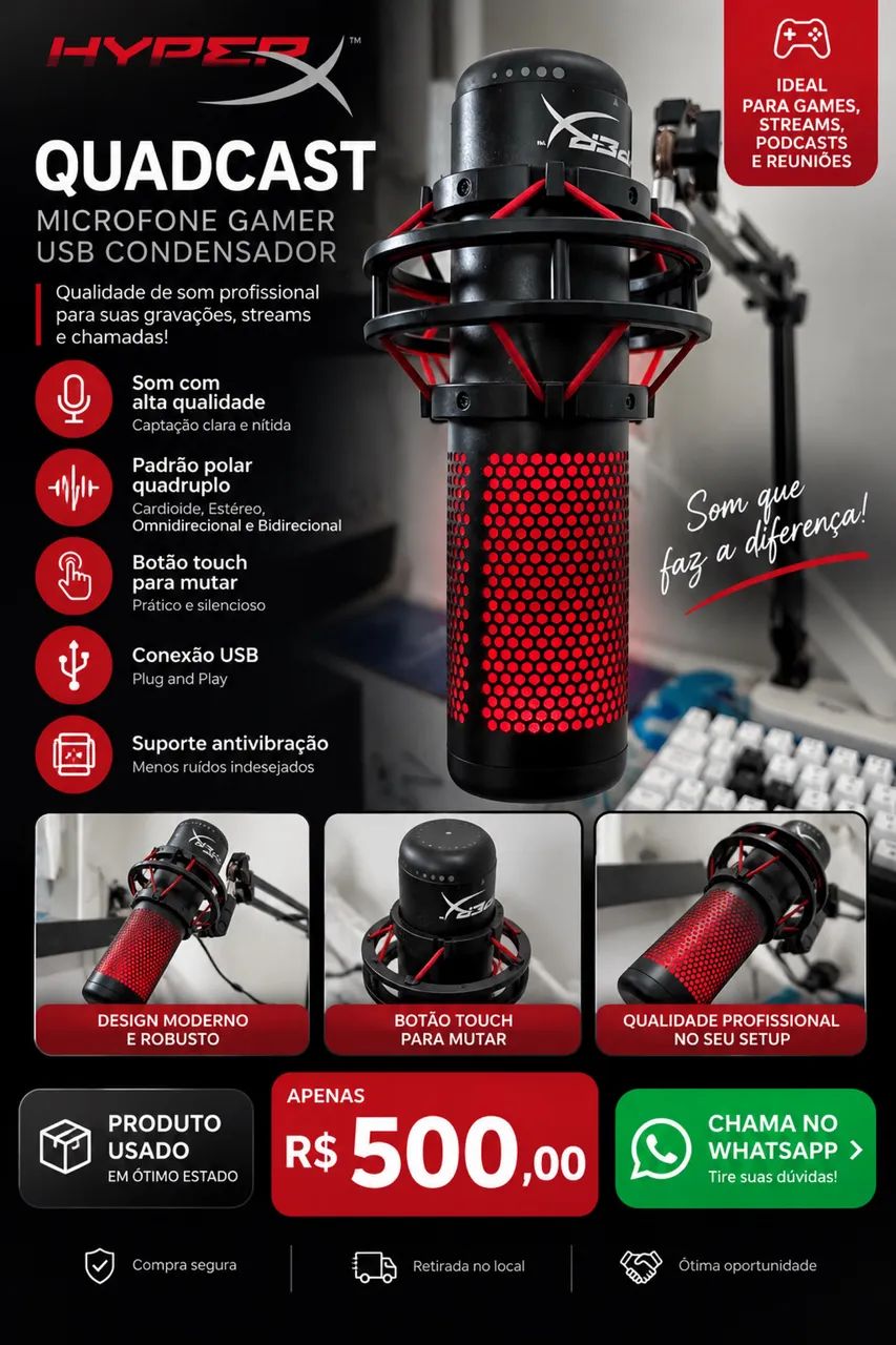     Microfone HyperX QuadCast USB Gamer - R$ 500