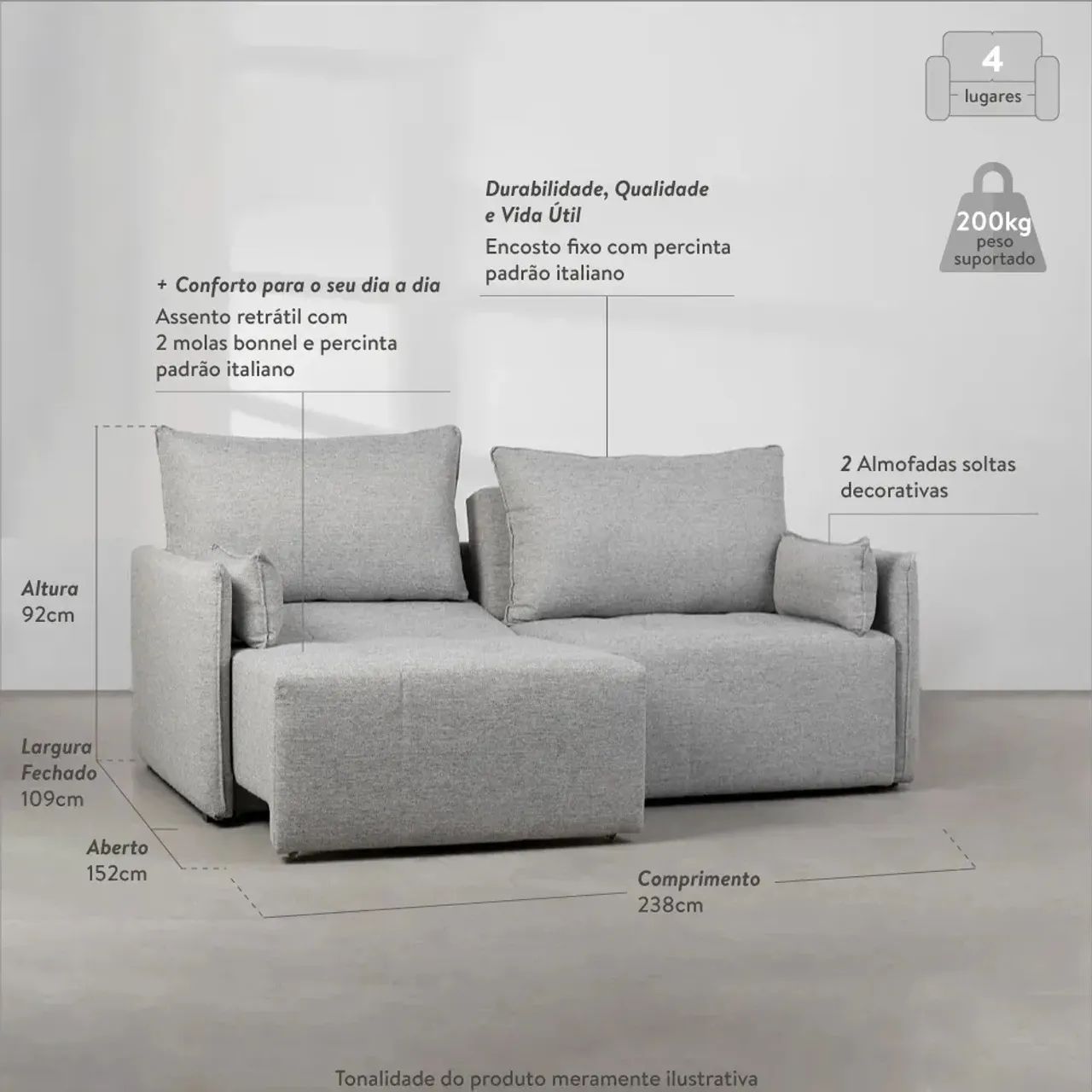 SOFÁ RETRÁTIL SEM CAIXA ABRACASA 4 LUGARES - Foto 4