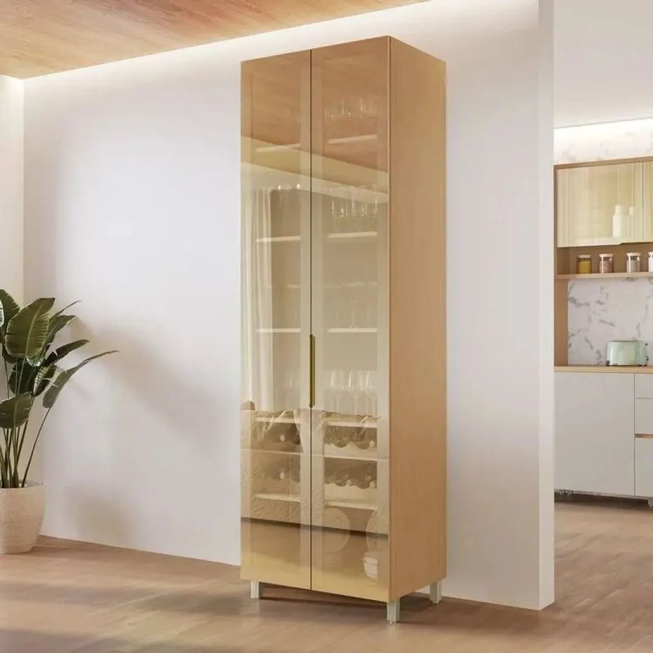 Cristaleira Infinito 2 Portas Vidro Reflecta Bronze MDF Carvalho com Adega Nesher<br>