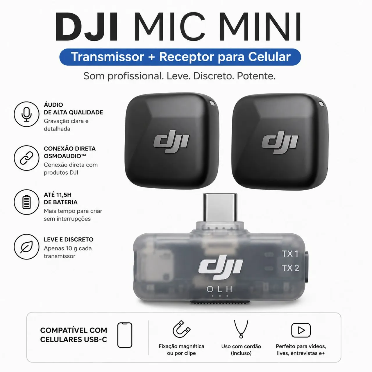 Microfone Dji Mic Mini (1 TX + 1 RX) - (Novo/Lacrado) - Microfones
