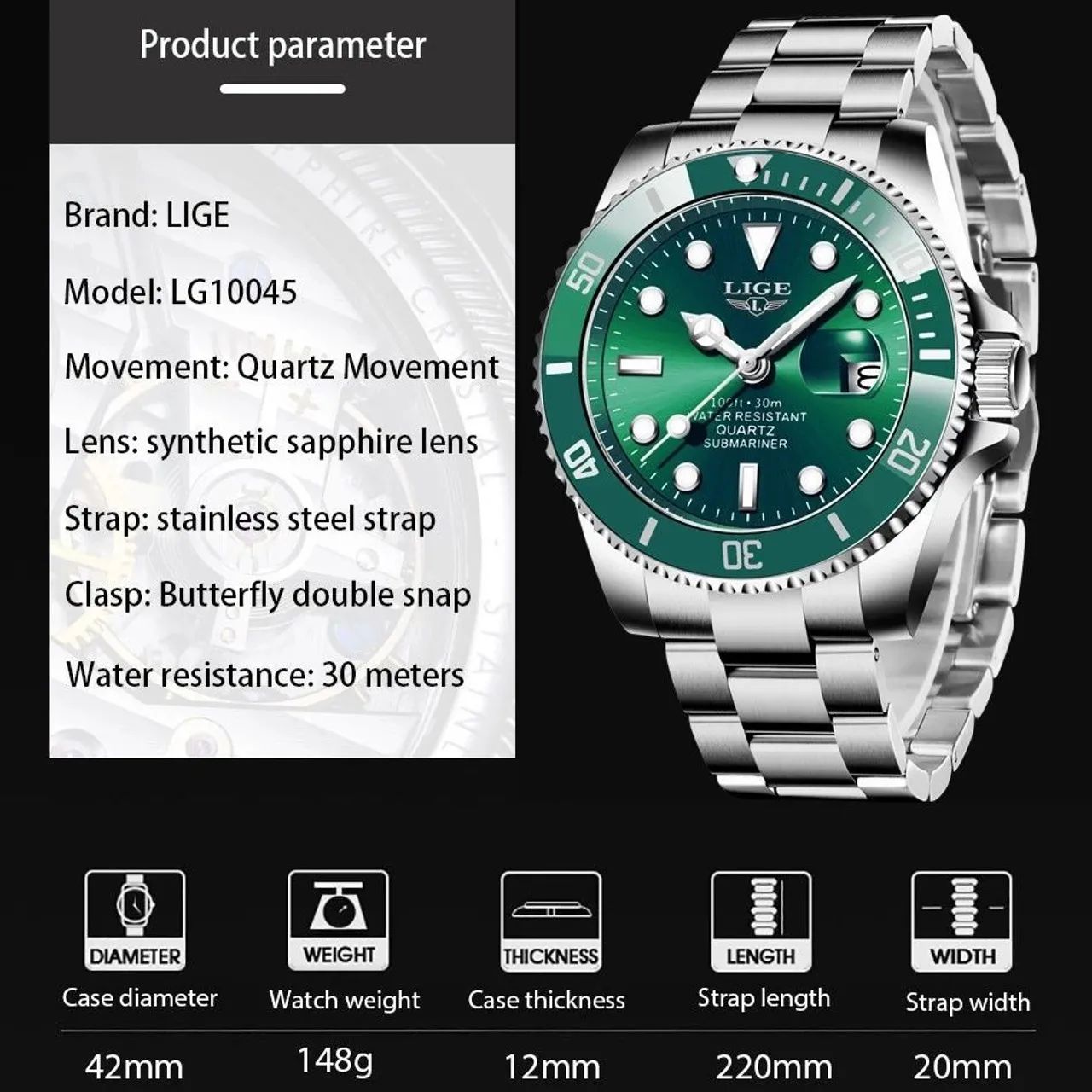Relógio Masculino Lige Verde - Foto 2