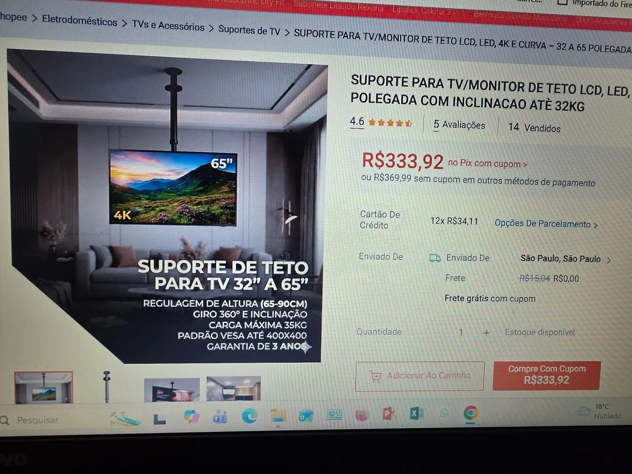Suporte de teto para TV / Monitor de teto Lcd, Led, 4k e curva 32 a 65 polegadas