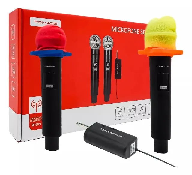 Microfone Dinâmico Duplo Sem Fio Profissional MT-2301 Tomate